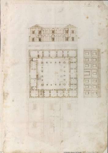 BIBLIOARQUITECTONICA Proyecto de una casa: planta, alzado y sección Anónimo. [Álbum sevillano de dibujo arquitectónico]. [¿Sevilla?]: [manuscrito], [c.1590-1600]. fol.16 Imagen: Biblioteca Nacional de España, Madrid. Signatura: DIB/14/22/14