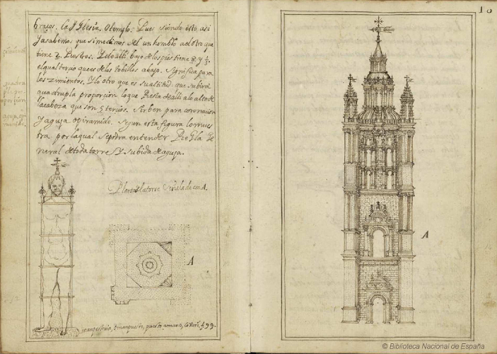 Dimensionamiento antropométrico, planta y alzado de una torre Rodrigo Gil de Hontañón. Simón Garcia, ed. Compendio de architectura y simetría de los templos. Salamanca: [manuscrito], 1681. fols. 9v-10Imagen: Biblioteca Nacional de España, Madrid. Signatura: Mss/8884.