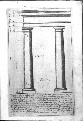 BIBLIOARQUITECTONICA Intercolumnio toscano Giacomo Barrozzi da Vignola. Patritio Caxesi, ed. Regla de las cinco ordenes de architectura de Iacome de Vignola agora de nuevo traduzido de toscano en romance por Patritio Caxesi. Madrid: Vicencio Carducho, [1562] 1593. Ubicación: Biblioteca, Facultad de Arquitectura, Universidad de Sevilla, Sevilla. Signatura: Q Arm. 135